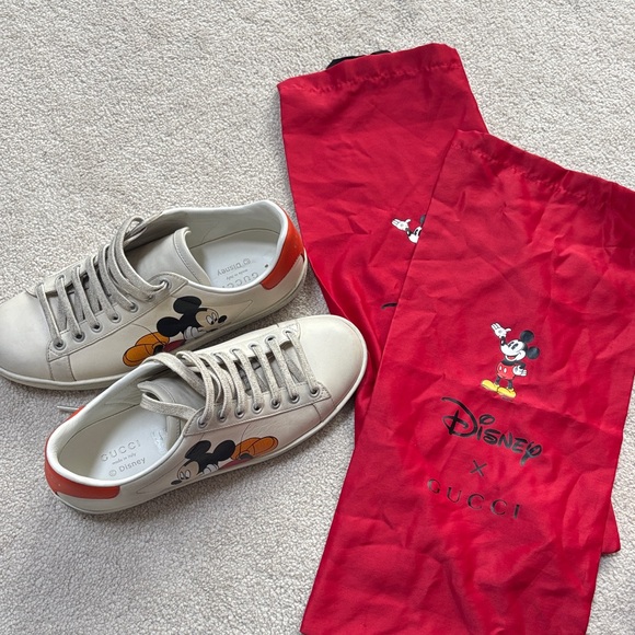 Gucci Shoes - Gucci White Leather Mickey Mouse Sneakers with Orange Heel Tab